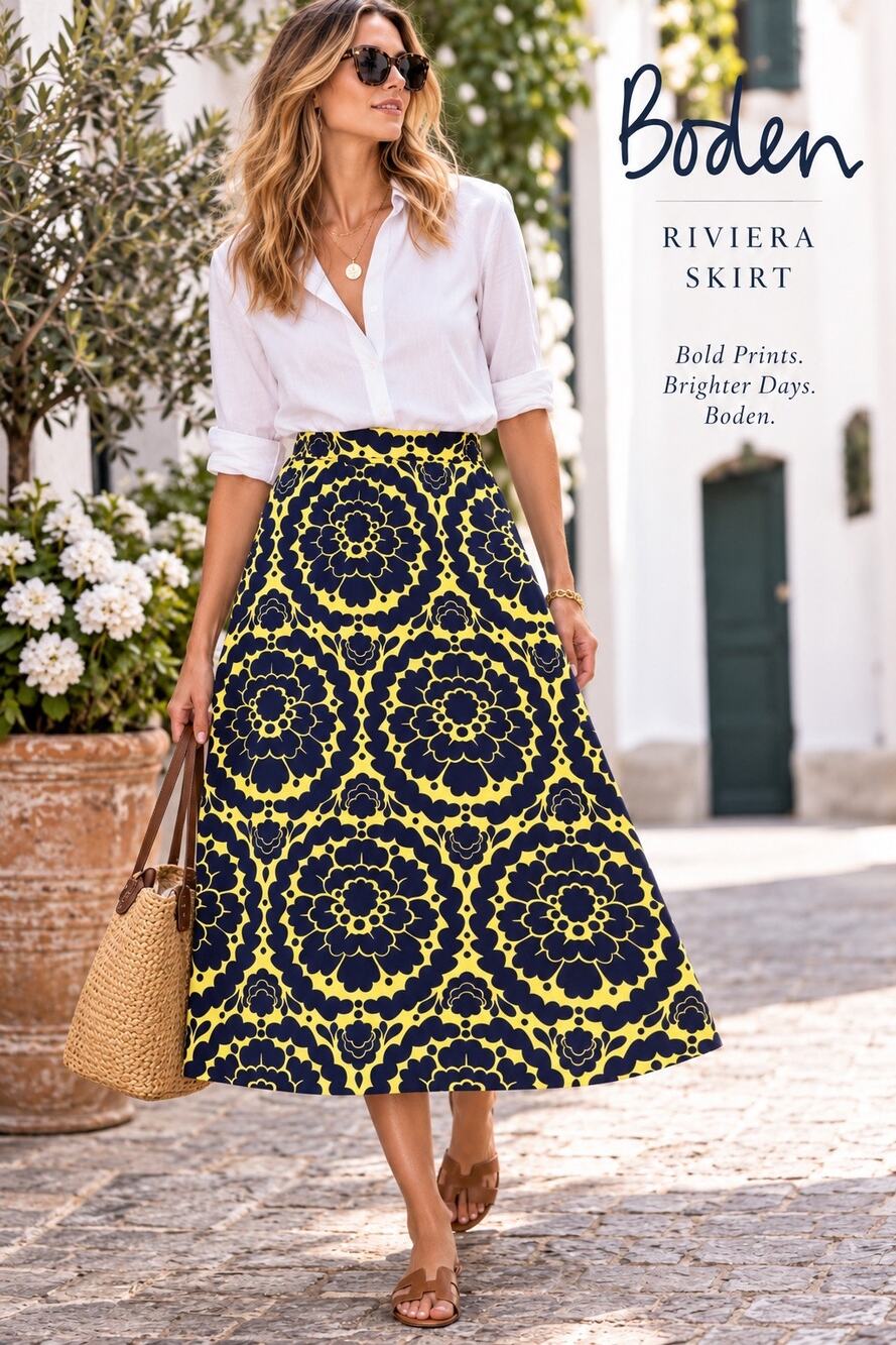 Retro Mod Dopamine Statement Floral Boden Riviera A-Line Midi Skirt Navy Yellow